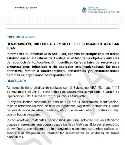 La respuesta de Marcos Peña a la pregunta de legisladores del FpV sobre las tareas del ARA San Juan
