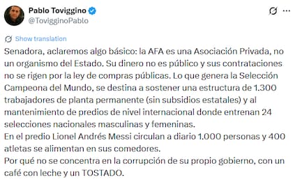 La respuesta de Pablo Toviggino tras la denuncia de Patricia Bullrich (X: @TovigginoPablo)