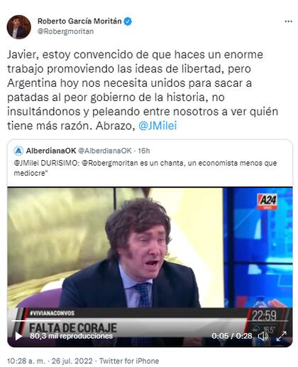 La respuesta de Roberto García Moritán a Javier Milei a través de Twitter. Foto/Captura: @Robergmoritan