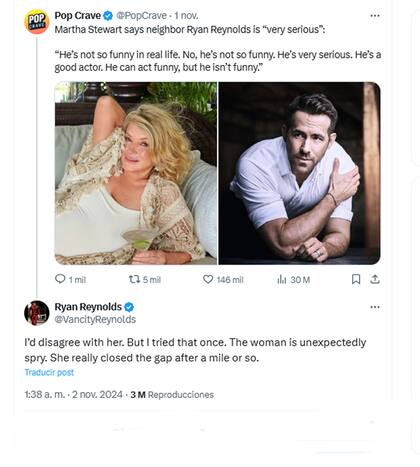 La respuesta de Ryan Reynolds a los comentarios de Martha Stewart, su vecina
