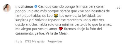 La respuesta de Tefi Ruso a la foto del Pollo Álvarez junto a Lionel Messi.
Foto: captura de pantalla