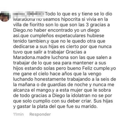 La respuesta de una usuaria al mensaje que publicó Dalma Maradona