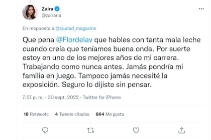 La respuesta de Zaira Nara a Flor de la V. fue veloz y sin medias tintas