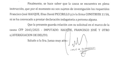 La respuesta del fiscal a la jueza Capuchetti el 8 de octubre pasado.