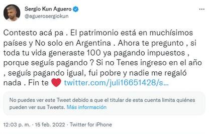 La respuesta del Kun Aguero, en Twitter.