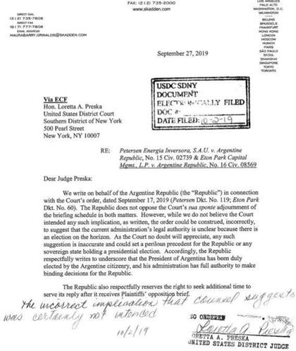 La respuesta manuscrita de la jueza Loretta Preska