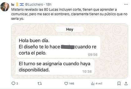 La respuesta que recibió la usuaria por parte de la peluquería