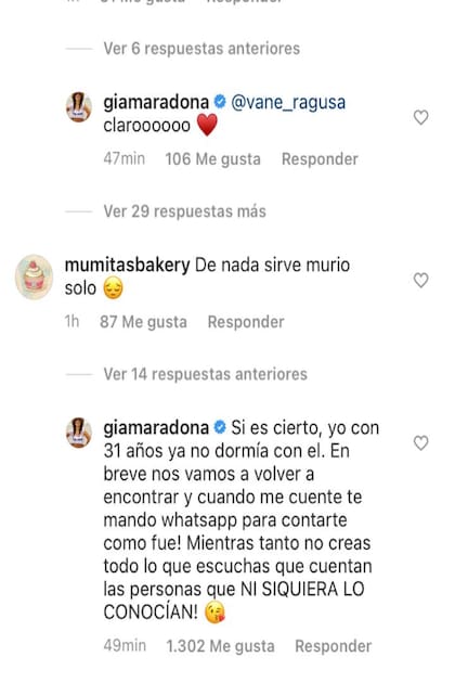 La respuesta sarcástica de Gianinna Maradona a una seguidora que dijo que su papá "murió solo"