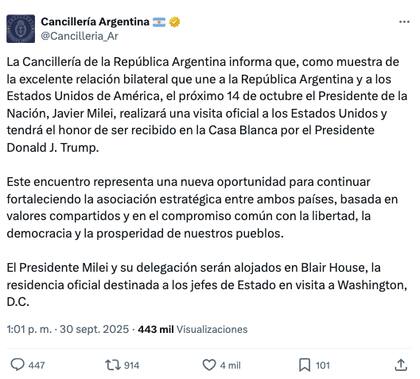 La reunión entre Javier Milei y Donald Trump será el próximo martes 14 de octubre