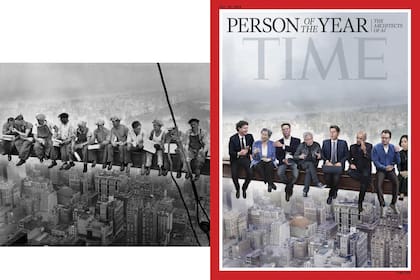 La revista Time rinde homenaje a una foto clásica "Almuerzo sobre un rascacielos", de 1932, con la tapa que eligió como "Persona del año 2025" a los arquitectos de la IA; en la imagen, al CEO de Meta, Mark Zuckerberg; la CEO de AMD, Lisa Su; el CEO de Tesla, Elon Musk; el CEO de Nvidia, Jensen Huang; el CEO de OpenAI, Sam Altman; el CEO de la división DeepMind de Google, Demis Hassabis; el CEO de Anthropic, Dario Amodei; y la pionera de la IA Fei-Fei Li