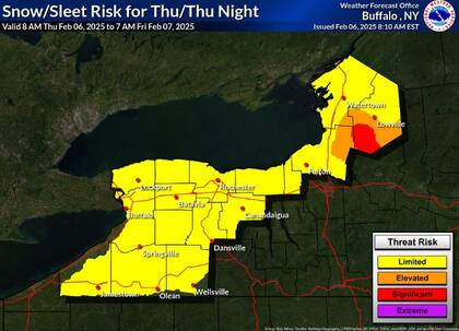 La riesgo de caída de nieve en el oeste de Nueva York este jueves 6 de febrero