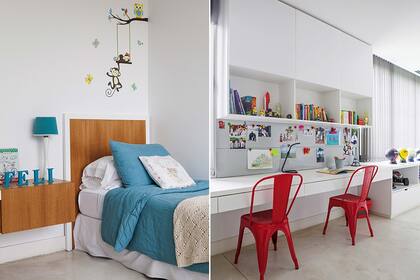 La ropa de cama (Zara Home) pone el toque femenino en el dormitorio de las chicas. En el escritorio de los varones, el color lo dan una pizarra imantada y las sillas ‘Tolix’ ($1.150, Mercado Libre)