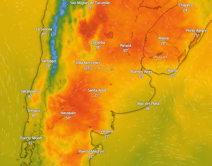 La rotación del viento al sector sudeste traerá alivio durante el sábado y la temperatura máxima descenderá hasta los 28°C (Fuente: captura Windy)