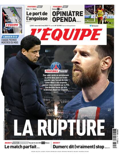 "La Rupture", el título de tapa de L'Equipe, tras conocerse la suspensión al futbolista rosarino.