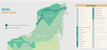 La ruta que se inauguró del tren Maya, en México, es de 14 estaciones; este es el mapa