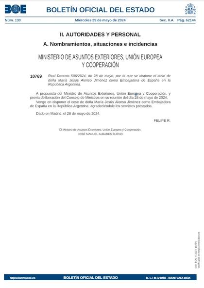 La salida de la embajadora española, plasmada en el Boletín Oficial del Estado de España