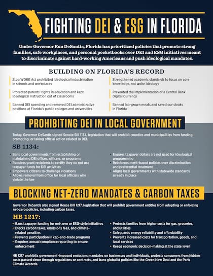 La SB 1134 prohíbe que los gobiernos locales financien u organicen programas DEI; la HB 1217 impide que las autoridades estatales y municipales adopten políticas de emisiones netas cero