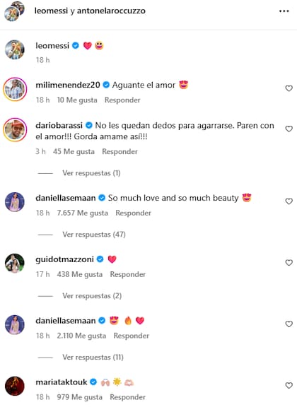 La sección de comentarios se llenó de elogios y palabras de amor para la pareja argentina