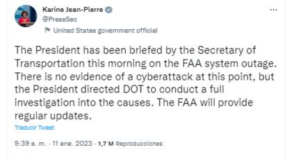 La secretaria de prensa de la Casa Blanca, Karine Jean-Pierre, informó que, por el momento, se descartaba que se tratara de un ciberataque