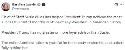 La secretaria de prensa, Karoline Leavitt, salió en defensa de Susie Wiles (Fuente: @PressSec)