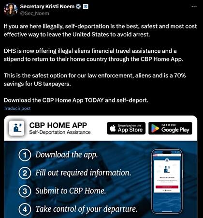 La secretaria de Seguridad Nacional, Krtisti Noem, dio a conocer el anuncio en sus redes sociales
