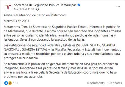 La Secretaría de Seguridad Pública de Tamaulipas informó de los hechos violentos del 3 de marzo