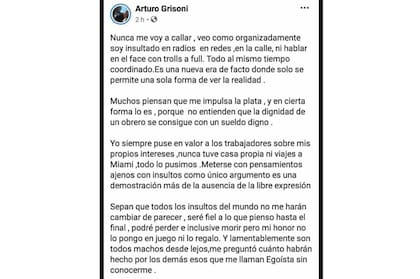 La segunda publicación de Arturo Grisoni, dueño de la fábrica de alfajores El Nazareno antes de cerrar su cuenta en la red social