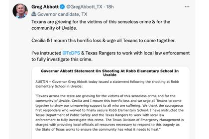 La sentida publicación del gobernador de Texas tras el tiroteo