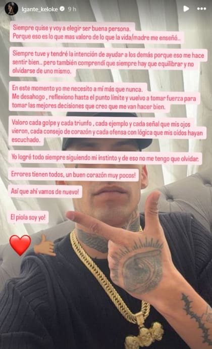 La sentida reflexión que hizo L-Gante en sus redes sociales (Foto: Instagram @lgante_keloke)