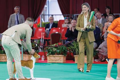 La siempre estilosa Carolina, con
traje de saco y pantalón y zapatos
clásicos de Chanel, entrega el trofeo
para un ejemplar de la raza Basenji
(de caza, original del Congo) que se
llevó el primer puesto en la tradicional Exposición
Canina Internacional de
Fontvieille.