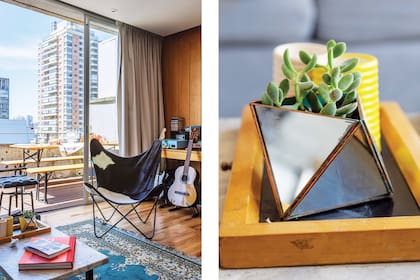 La silla BKF con cuero de vaca es un préstamo de la mamá de Valentina. El balcón corrido -con juego de mesa y bancos, y reposeras- se aprovecha tanto para comer como para sus pasatiempos.