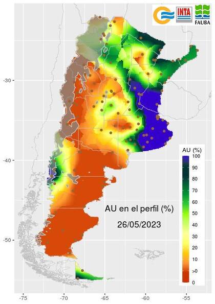 La situación a hoy para el agua útil (AU) en el perfil del suelo expresado en porcentaje. El AU es la lámina de agua aprovechable por los cultivos hasta un metro de profundidad