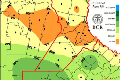 La situación de reserva de humedad actual en la zona agrícola núcleo, en porcentaje