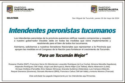 La solicitada de los intendentes peronistas tucumanos
