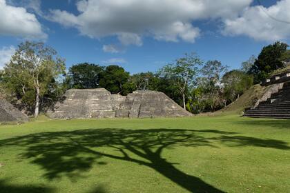 La sombra de un árbol de gran porte sobre la plaza central de Xunantunich.