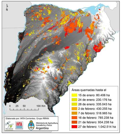 La superficie afectada por el fuego representa el 12% de la provincia de Corrientes