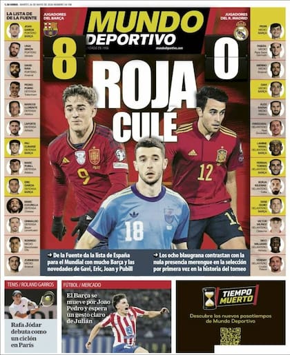 La tapa de hoy del diario catalán Mundo Deportivo respecto de la convocatoria de España del DT Luis de La Fuente