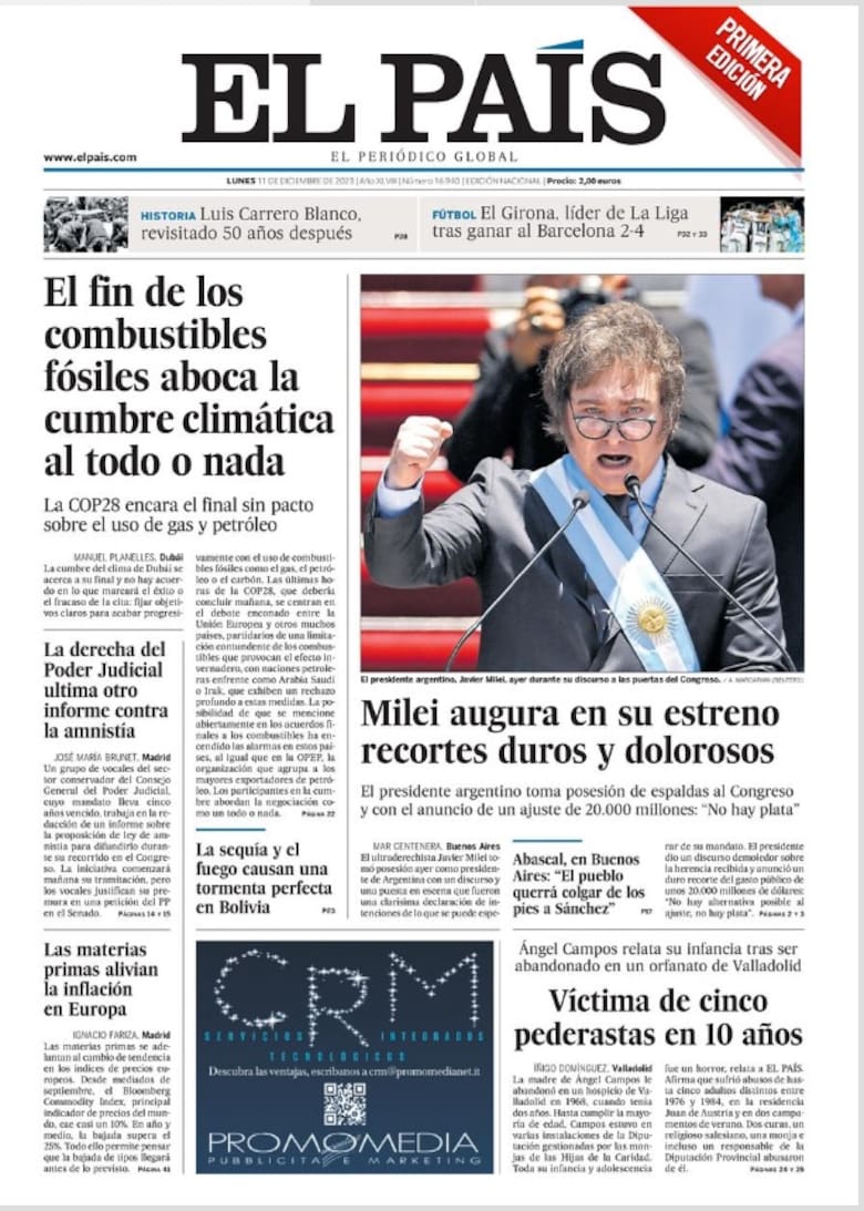 “Punto de inflexión”: la reacción de los diarios del mundo sobre la asunción de Javier Milei