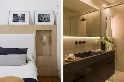 La tapa de la mesa de luz se levanta para hacer de mesa de luz; cerrada, no interrumpe la apertura del placard. En el baño, mesada de Dekton ‘Sirius’. “Es un material que me encanta por su textura sutil”, dice Carolina.