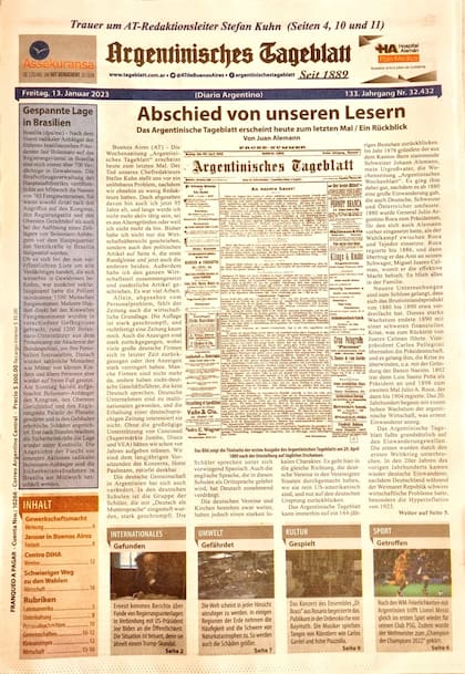 La tapa de la última edición impresa del diario alemán Argentinisches Tageblatt