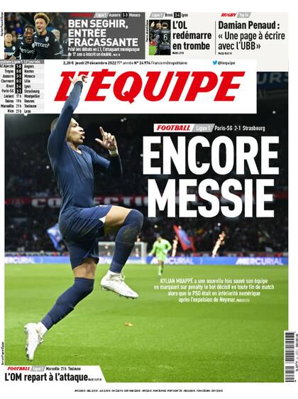 La tapa de L’Equipe, con Mbappé como figura destacada y una indirecta para Messi