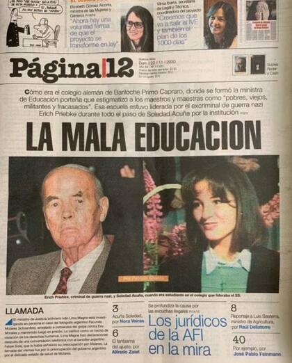 La tapa de Página/12 con Soledad Acuña y el exoficial nazi Erich Priebke