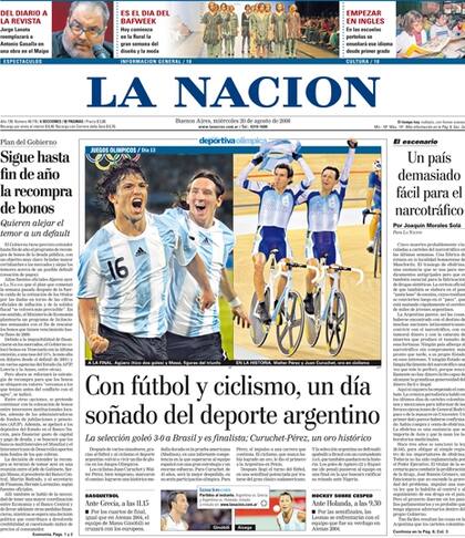 La tapa del 20 de agosto de 2008, con la medalla de oro de Pérez y Curuchet en ciclismo, el mismo día que el fútbol le ganó la semifinal a Brasil