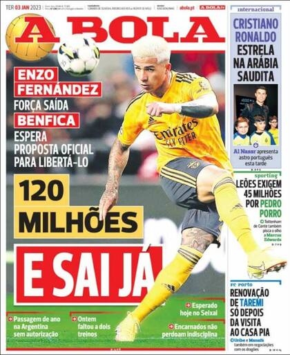 La tapa del diario A Bola del martes, que se enfoca en la posible salida de Enzo Fernández de Benfica