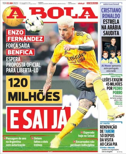 La tapa del diario A Bola del martes, que se enfoca en la posible salida de Enzo Fernández de Benfica