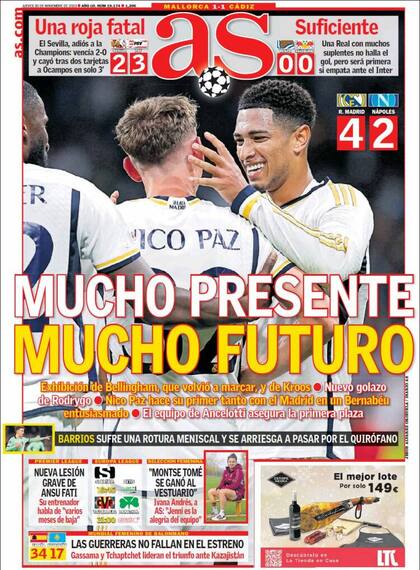 La tapa del diario AS con el festejo del gol de Nico Paz