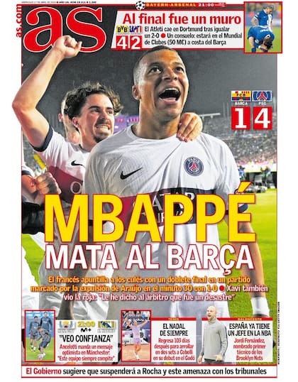 La tapa del diario As luego del triunfo de PSG ante Barcelona