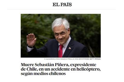 La tapa del diario El País de España sobre la muerte del expresidente de Chile Sebastián Piñera