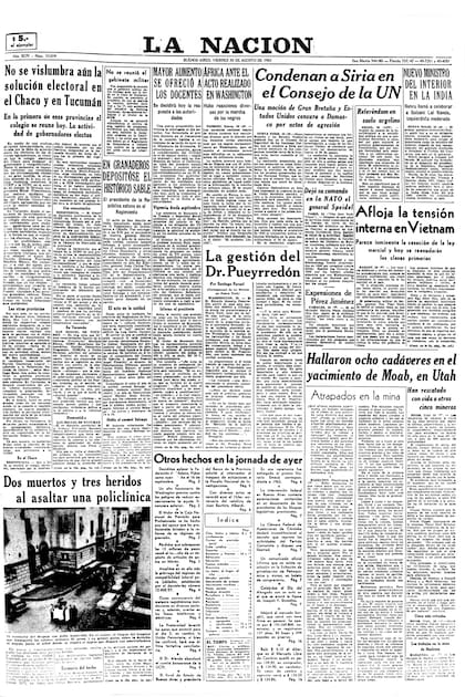 La tapa del diario LA NACION del 30 de agosto de 1963