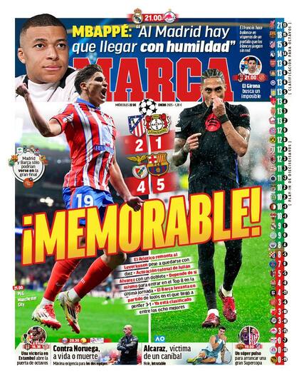 La tapa del diario Marca, de España, con un festejo de Julián Álvarez, autor de dos goles en el 2-1 de Atlético de Madrid ante Bayer Leverkusen, por la Champions League
